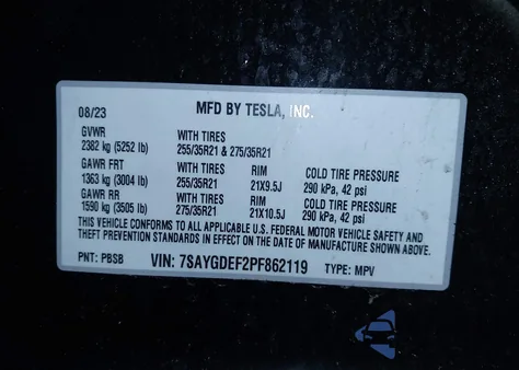 2023 Tesla Model Y Awd/Performance Dual Motor All-Wheel Drive z USA, uszkodzony, nr VIN 7SAYGDEF2PF862119